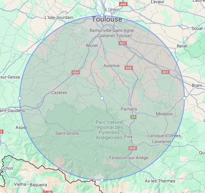 Carte zone d'intervention 50km autour du Fossat incluant Toulouse, Muret et Pamiers